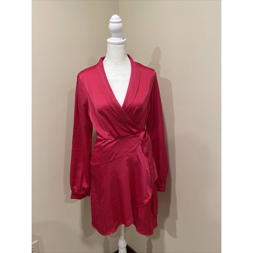 boohoo womens dresses Skater Dress Hot Pink Sz 10 Long Sleeve Wrap Dress